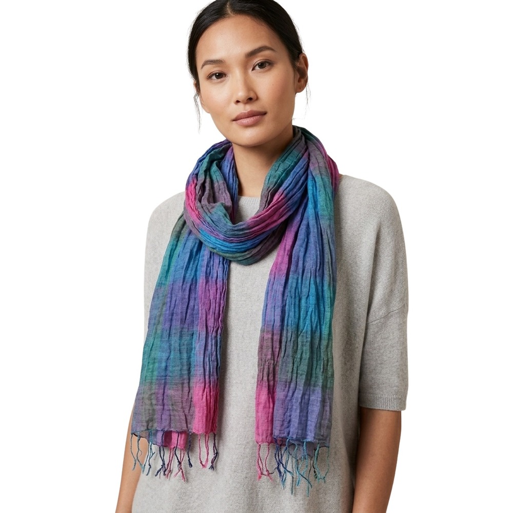 Multicolor Ombre Stripe Gauze Scarf Pink Blue Purple Tassel Fringe Wrap 38x72